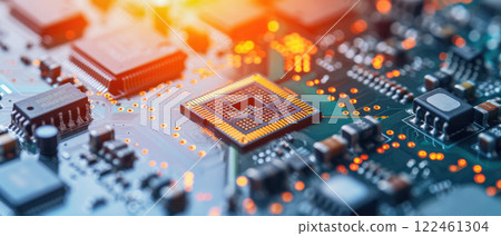 Chips in circuit board, automated assembly of pcb at semiconductor plant. Light of machine line in computer factory. Concept of technology, industry, production, microchip 122461304