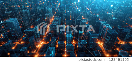 Aerial view of abstract smart city at night, modern buildings with network digital lines, tech background. Concept of cyber technology, connect, iot, future, energy. Aerial view of abstract smart city at night, modern buildings with network digital lines, tech background. Concept of cyber technology, connect, iot, future, energy. 122461305
