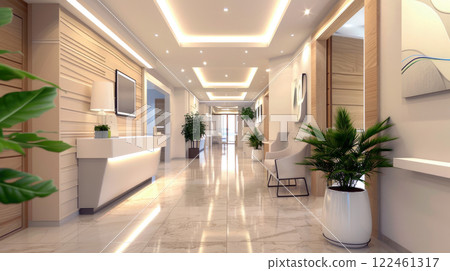 Inside empty clinic hall with green plants and white walls, luxury interior of modern hospital, shiny marble floor. Concept of corridor, office, background, space 122461317