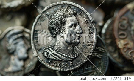 Ancient Roman coin with portrait of Julius Caesar, rare vintage artefact, face of emperor on old silver money. Concept of Rome, antique and history 122461319