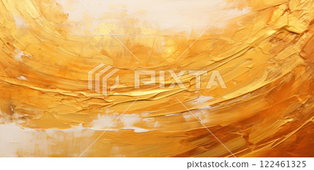 Yellow orange oil paint background, texture of rough paintbrush strokes on white canvas, abstract pattern of golden color. Theme of art, brush, gold, vintage, stain, template 122461325