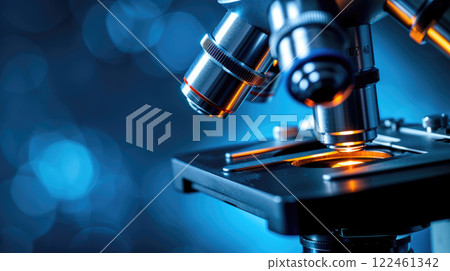 Digital microscope for research in dark medical laboratory, modern equipment and blue lights on lab background. Concept of technology, medicine, science, 122461342