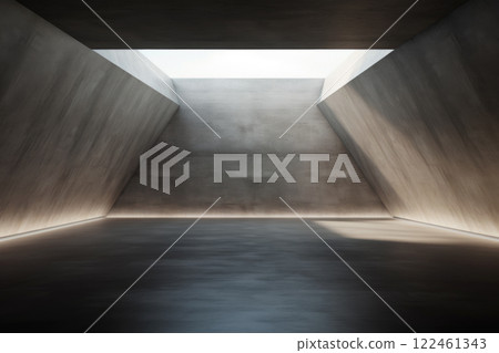 Abstract concrete room background, modern empty space with grey sloped walls and led light, minimalist hall interior. Concept of cement stone architecture, texture, garage, warehouse 122461343