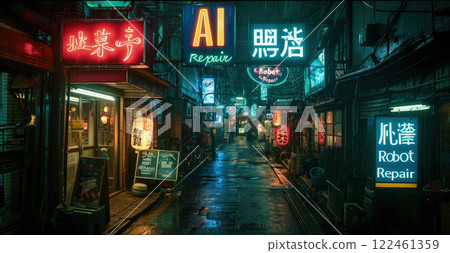 Cyberpunk city street with neon store signs AI, Robot and Repair at night, deserted dark alley with shops in low light in rain. Concept of dystopia, store, town and future 122461359