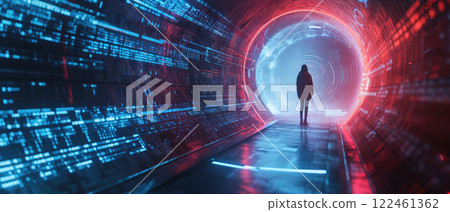 Person silhouette on digital data background, banner with abstract network information. Theme of ai, cyber security, technology, leak, future, hack Person silhouette on digital data background, banner with abstract network information. Theme of ai, cyber security, technology, leak, future, hack 122461362