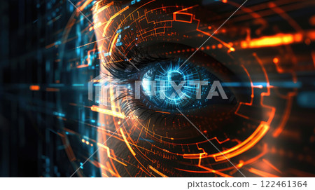 Hacker or AI robot eye in dark tech space, cyborg vision on digital background. Concept of cyber security, technology, future, data, artificial intelligence, hack, network 122461364