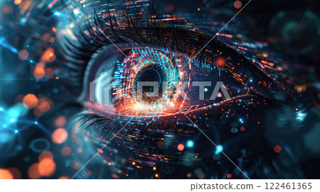 Hacker or AI robot eye in dark blue space, cyborg vision on digital background. Concept of cyber security, technology, future, data, artificial intelligence, hack Hacker or AI robot eye in dark blue space, cyborg vision on digital background. Concept of cyber security, technology, future, data, artificial intelligence, hack 122461365