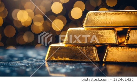 Gold bars stack on abstract background, many golden bricks in factory, shiny ingots or blocks close-up. Concept of money, wealth, finance, bullion, trade and product 122461425