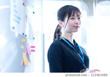 A young businesswoman thinking about the content of a presentation in front of a whiteboard 122461480