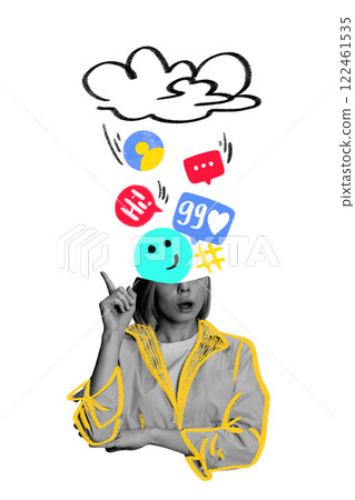 Conceptual art design. Thoughtful woman in yellow-lined jacket, pointing upward, with cloud, reaction icons, and social elements swirling above head. 122461535