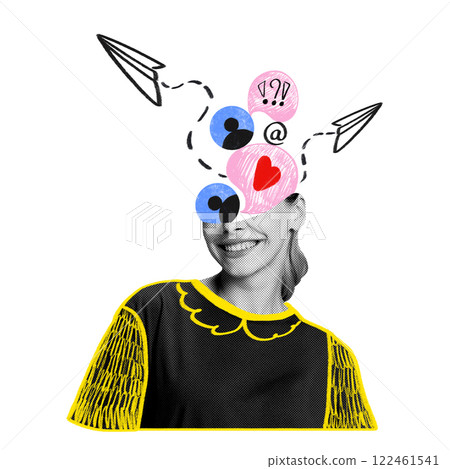 Conceptual art design. Cheerful woman in yellow-detailed dress, with paper planes, chat bubbles, and social icons replacing top of head. Conceptual art design. Cheerful woman in yellow-detailed dress, with paper planes, chat bubbles, and social icons replacing top of head. 122461541