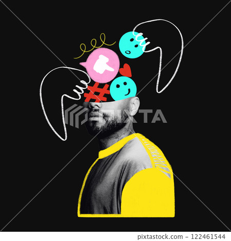 Conceptual art design. Man wearing yellow shirt, looking serious, with abstract social media icons, chat bubbles, hashtags, and symbols replacing top of head. Conceptual art design. Man wearing yellow shirt, looking serious, with abstract social media icons, chat bubbles, hashtags, and symbols replacing top of head. 122461544
