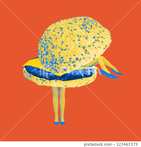 Surreal artwork. Hamburger with human legs and additional pair emerging from cheese layer creates surreal vision of teamwork, business cooperation. 122461573