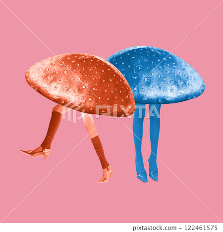 Surreal artwork. Two human figures with mushroom caps instead of torsos walk together, blending surrealism with teamwork, symbolizing creative collaboration. 122461575