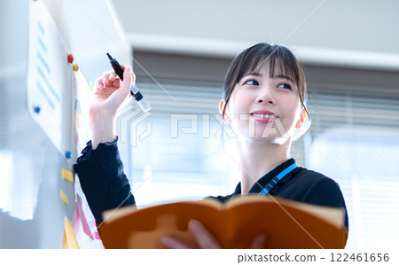 A young businesswoman writing the contents of a presentation on a whiteboard 122461656