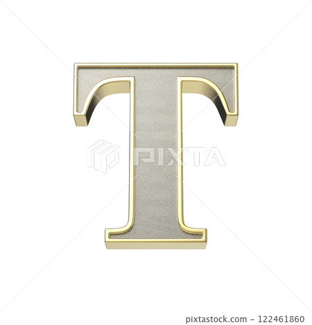 Letter T in a metallic silver finish with a shiny golden frame Letter T in a metallic silver finish with a shiny golden frame 122461860