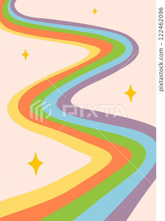 Retro background with abstract psychedelic rainbow. Groovy waves in warm retro colors. Trendy twisted funky vector texture in abstract y2k style. Vector graphic for posters and art prints. Retro background with abstract psychedelic rainbow. Groovy waves in warm retro colors. Trendy twisted funky vector texture in abstract y2k style. Vector graphic for posters and art prints. 122462096