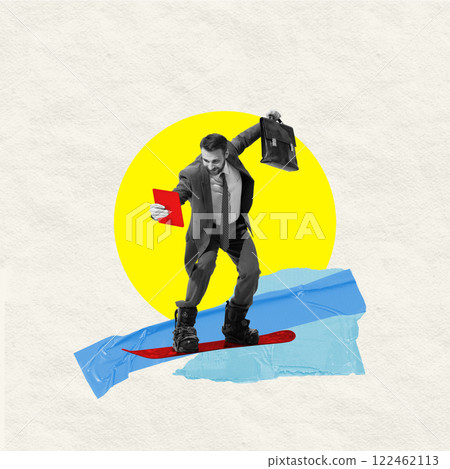Balancing business and adventure. Confident businessman snowboarding in suit, holding tablet and briefcase. 122462113