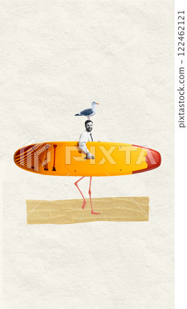 Man in business shirt and tie with paddleboard and flamingo legs instead of human legs walking on sandy beach. Abstract art collage 122462121