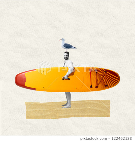 Modern traveler. Man in suit holding surfboard with seagull sitting on his head, walking on golden sand. Abstract art collage Modern traveler. Man in suit holding surfboard with seagull sitting on his head, walking on golden sand. Abstract art collage 122462128