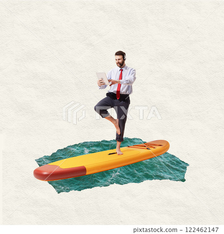 Balancing work and vacation. Businessman in suit with red tie doing yoga on paddleboard on water while working on tablet. Art collage Balancing work and vacation. Businessman in suit with red tie doing yoga on paddleboard on water while working on tablet. Art collage 122462147