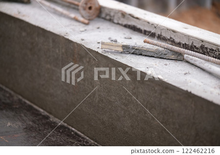 Construction of pile-grillage foundation. Monolithic foundation with metal reinforcement. Monolithic concrete foundation. House construction 122462216