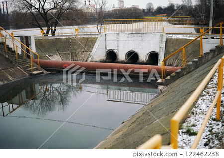 drain pipe or effluent or sewer release wastewater into river. Sewage or domestic wastewater or municipal wastewater that is product by community of people. waste water is any water that has been use drain pipe or effluent or sewer release wastewater into river. Sewage or domestic wastewater or municipal wastewater that is product by community of people. waste water is any water that has been use 122462238