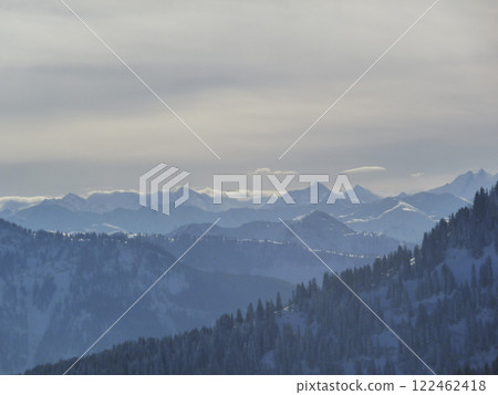 Mountain hiking at Brecherspitze mountain, Bavaria, Germany in wintertime 122462418