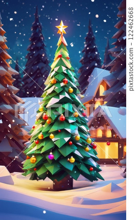 Festive Christmas tree adorned with colorful ornaments and a shining star, set against a snowy forest backdrop. Cozy cabin with glowing windows in the background, evoking warmth and holiday cheer. 122462668