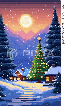 Pixel art winter scene featuring Christmas tree with colorful lights in snowy village. Cozy cabins glow under full moon against mountain backdrop, creating nostalgic and festive holiday atmosphere. 122462669