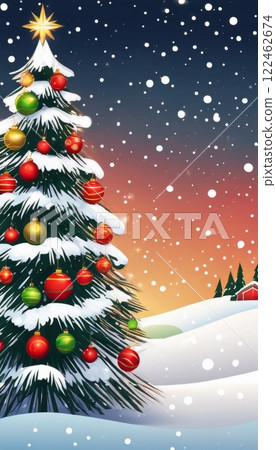 Snowy Christmas tree adorned with colorful ornaments, glowing star topper. Twilight sky, gently falling snowflakes, serene winter landscape, for festive, holiday, seasonal themes, capturing magic. 122462674