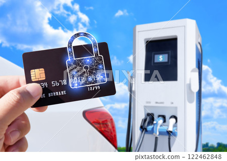 Car battery charging payment , Secure payment at electric vehicle charging station 122462848