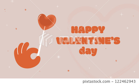 Happy Valentine's Day Banner. Isolated on pink background. stylized flat hand with heart-shaped lollipop.Trendy template for card,for promotions. 122462943