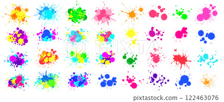 Colorful paint splatters creating a vibrant and artistic mess on a white background, perfect for adding a touch of creativity and energy to any project 122463076