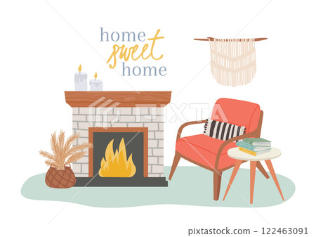 Burning fireplace with candles. Macrame wall hanging. Cozy armchair with pillow and books. And dry plants in a wicker basket create a warm and inviting atmosphere in a Scandinavian style living room 122463091