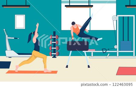 Gymnasts and yogis practicing in a vibrant gym filled with weights, treadmills, and cable machines, embodying a commitment to fitness, health, and an active lifestyle 122463095