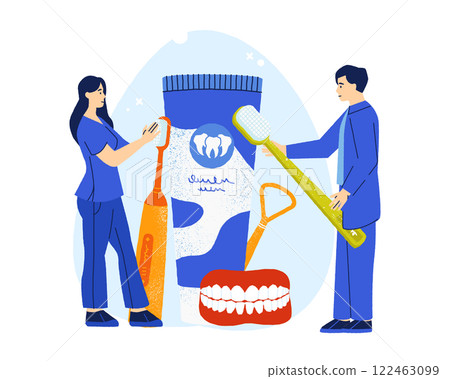 Dentist and nurse holding large toothbrushes alongside a giant toothpaste tube and denture model, emphasizing the importance of oral hygiene and promoting dental health awareness 122463099