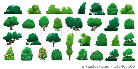 Different types of green trees and bushes forming a cartoon landscape, ideal for creating natural scenarios or adding greenery to illustrations 122463109