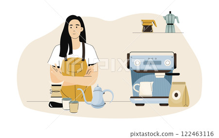 Barista in a yellow apron standing with arms crossed behind a coffee shop counter featuring a professional coffee machine, takeaway cups, and brewing equipment 122463116