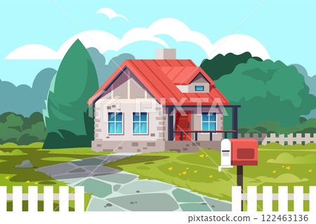 Idyllic suburban cottage featuring a charming red roof, lush yard, well kept lawn, inviting mailbox, and a classic white picket fence, embodying the essence of peaceful country living 122463136
