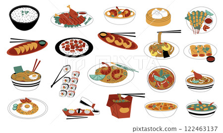Asian cuisine dishes including ramen, sushi, rolls, rice, chicken and shrimps served on plates, bowls and take away boxes, drawing representing Japanese, Korean, Chinese and Vietnamese food Asian cuisine dishes including ramen, sushi, rolls, rice, chicken and shrimps served on plates, bowls and take away boxes, drawing representing Japanese, Korean, Chinese and Vietnamese food 122463137