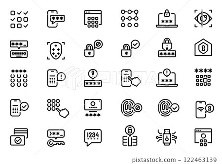 Set of password and security line icons illustrating various user authentication methods like typing passwords, using pin codes, and biometric scans, emphasizing data protection 122463139