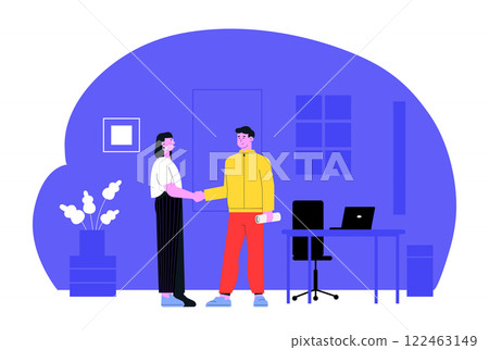 Two business people shaking hands after reaching an agreement during a meeting in a modern office with blue walls, a desk, a laptop and a plant Two business people shaking hands after reaching an agreement during a meeting in a modern office with blue walls, a desk, a laptop and a plant 122463149