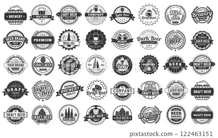 Big set of vintage monochrome brewing company logo templates with beer glass, hop, barrel and bottle for bar, pub, brewery, restaurant and beerhouse 122463151