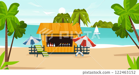 Cartoon tropical landscape with sand, water, palm trees, beach bar, umbrellas, deck chair, lifebuoy and a sailing boat on the turquoise sea 122463152