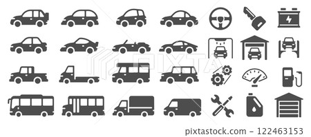 Different vehicle icons are displayed, including cars, trucks, buses, and vans, alongside maintenance symbols such as steering wheel, key, battery, car wash, garage, and tools Different vehicle icons are displayed, including cars, trucks, buses, and vans, alongside maintenance symbols such as steering wheel, key, battery, car wash, garage, and tools 122463153