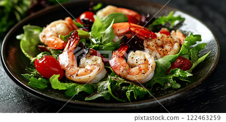 Seafood shrimp prawns. Shrimp lettuce salad on  dark  background. Healthy food or diet concept. 122463259