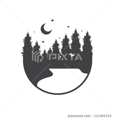 lake forest trees pines nature outdoor night crescent circle sticker logo design vector icon illustration lake forest trees pines nature outdoor night crescent circle sticker logo design vector icon illustration 122463329
