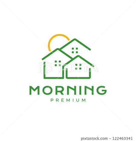 housing cottage village sunrise morning minimalist style clean simple line logo design vector icon illustration 122463341