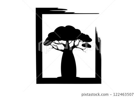 Baobab tree icon silhouette. African logo, Nature, exotic plant for printing, design or digital art. Black symbol isolated on white background Baobab tree icon silhouette. African logo, Nature, exotic plant for printing, design or digital art. Black symbol isolated on white background 122463507